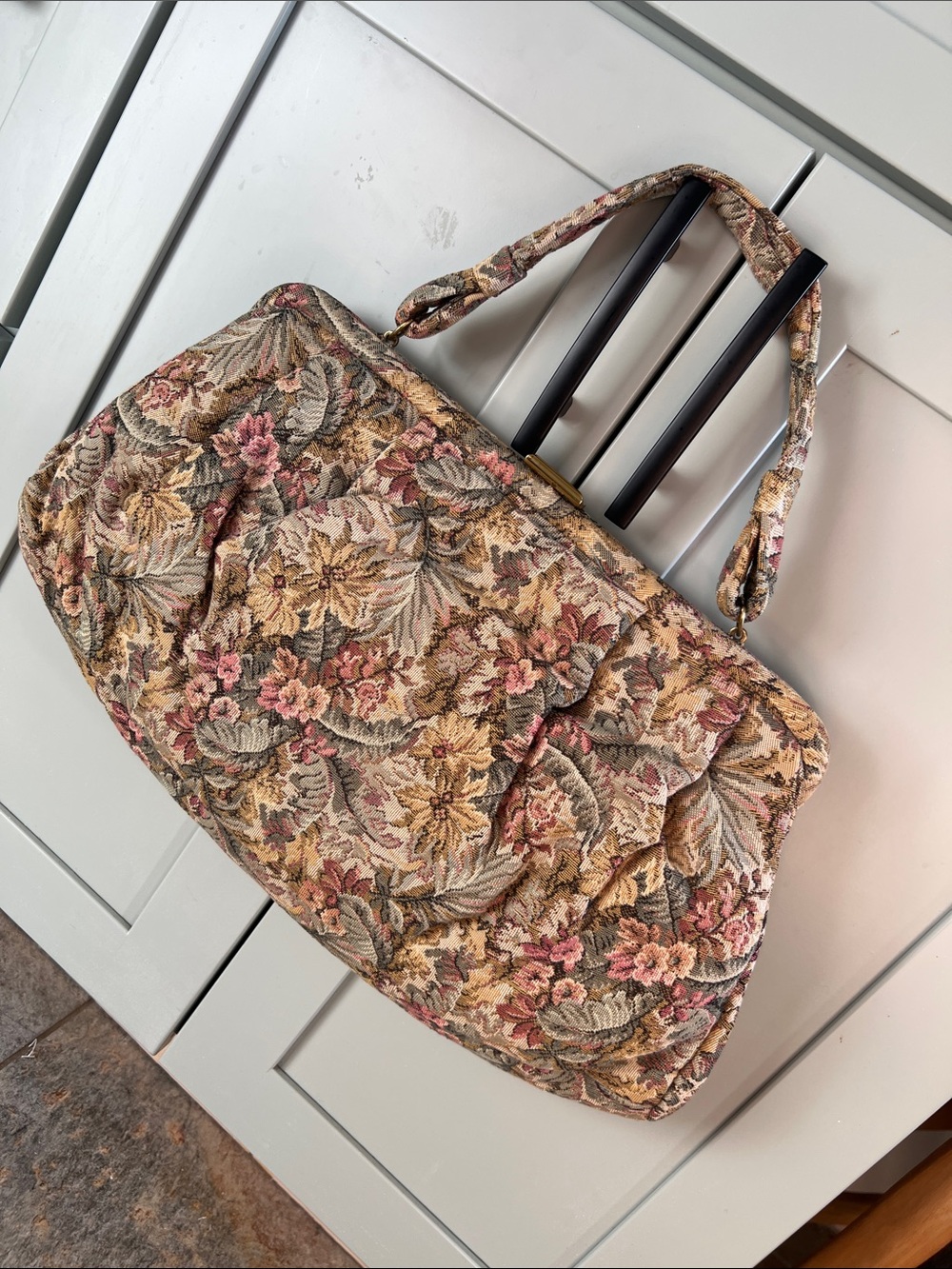 Vintage Floral Tapestry clutch  Bag in Muted Green and Pink